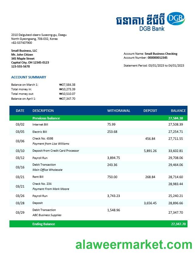 DGB Financial Group business bank statement Word and PDF template